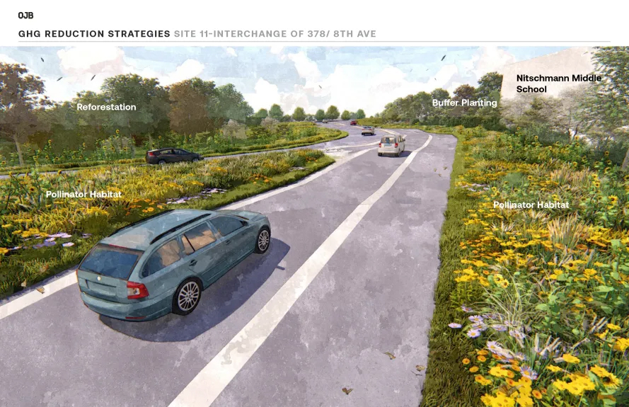 Rendering of car driving along a road with lush vegetation and flowers alongside.