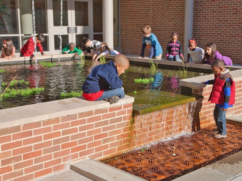 Children at Ducketts Lane Elementary School interact with the touching pool as part of their environmental education.