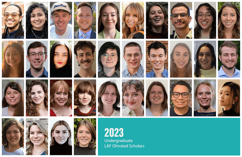 Grid of headshots of the 34 undergraduate 2023 LAF Olmsted Scholars