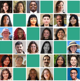 A 6x6 grid of 26 headshots of the 2025 scholarship winners, interspersed with 10 green-blue squares
