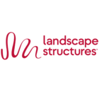 Logo of Landscape Structures featuring a stylized red-pink wave and the company name in lowercase red-pink font.