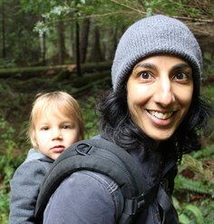 An image of Vinita Sidhu hiking with one of her children