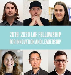 2 rows of headshots with text "2019-2020 LAF Fellowship for Innovation and Leadership" centered between the rows. TOP ROW: Hans Baumann, Pierre Belanger, Liz Camuti; BOTTOM ROW: Diana Fernandez, Jeffrey Hou, Nicholas Jabs
